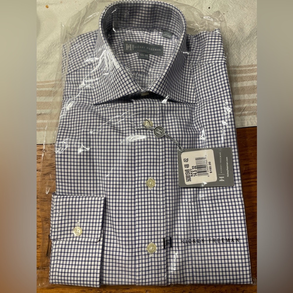 NEW Hickey Freeman Dress Shirt!  14 1/2-32 White & Blue Checkered